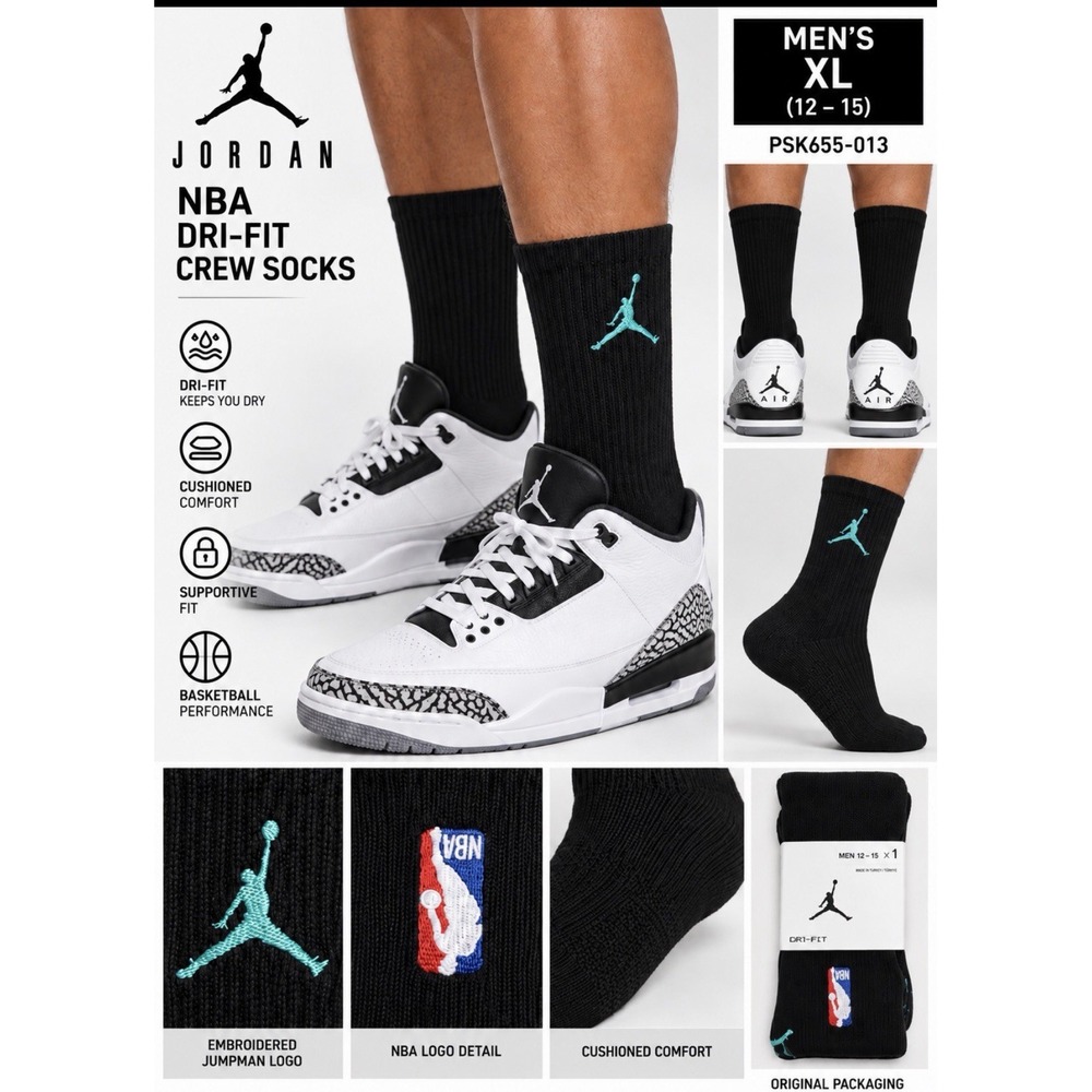 Jordan NBA Dri-FIT Crew Socks Mens XL 12-15 Black Teal Jumpman PSK655-013 NWT